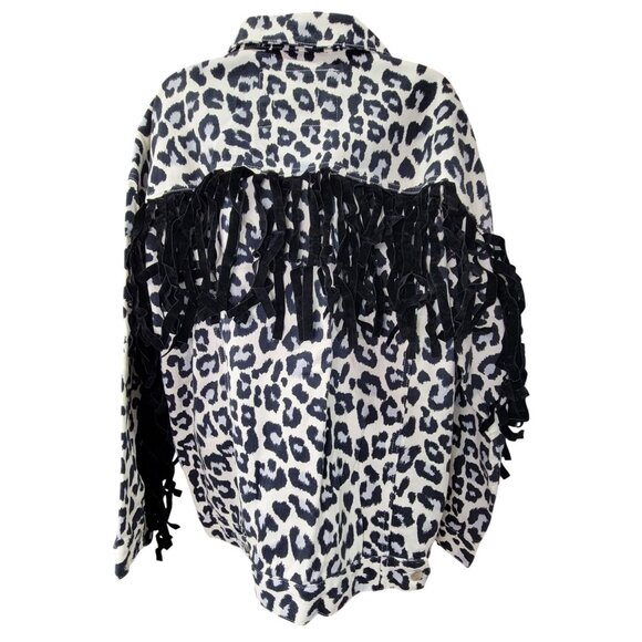 Peach Love Denim Jackey The Lollie White Animal Print Button Fringe Womens Large - Picture 2 of 10